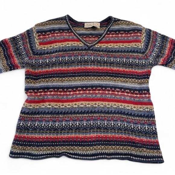 Vintage Fiorlini International Fair Isle Patterned V-Neck Sweater Size Small - Picture 1 of 7